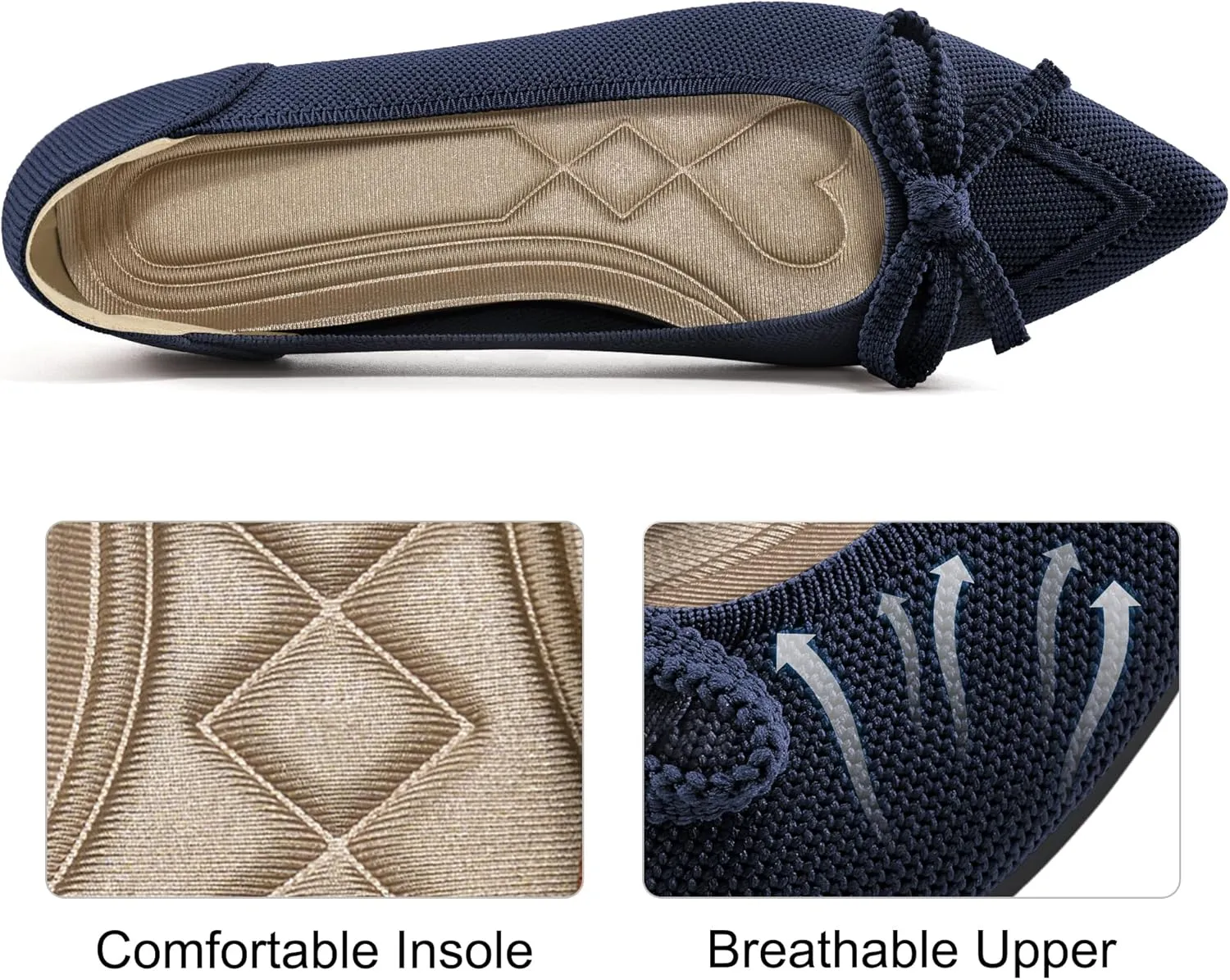 Ablanczoom Ballet Flats Shoes for Women: Dressy Pointed Toe Bow Knit Flats Comfortable Slip On Work Business Shoes for Driving Dating Wedding