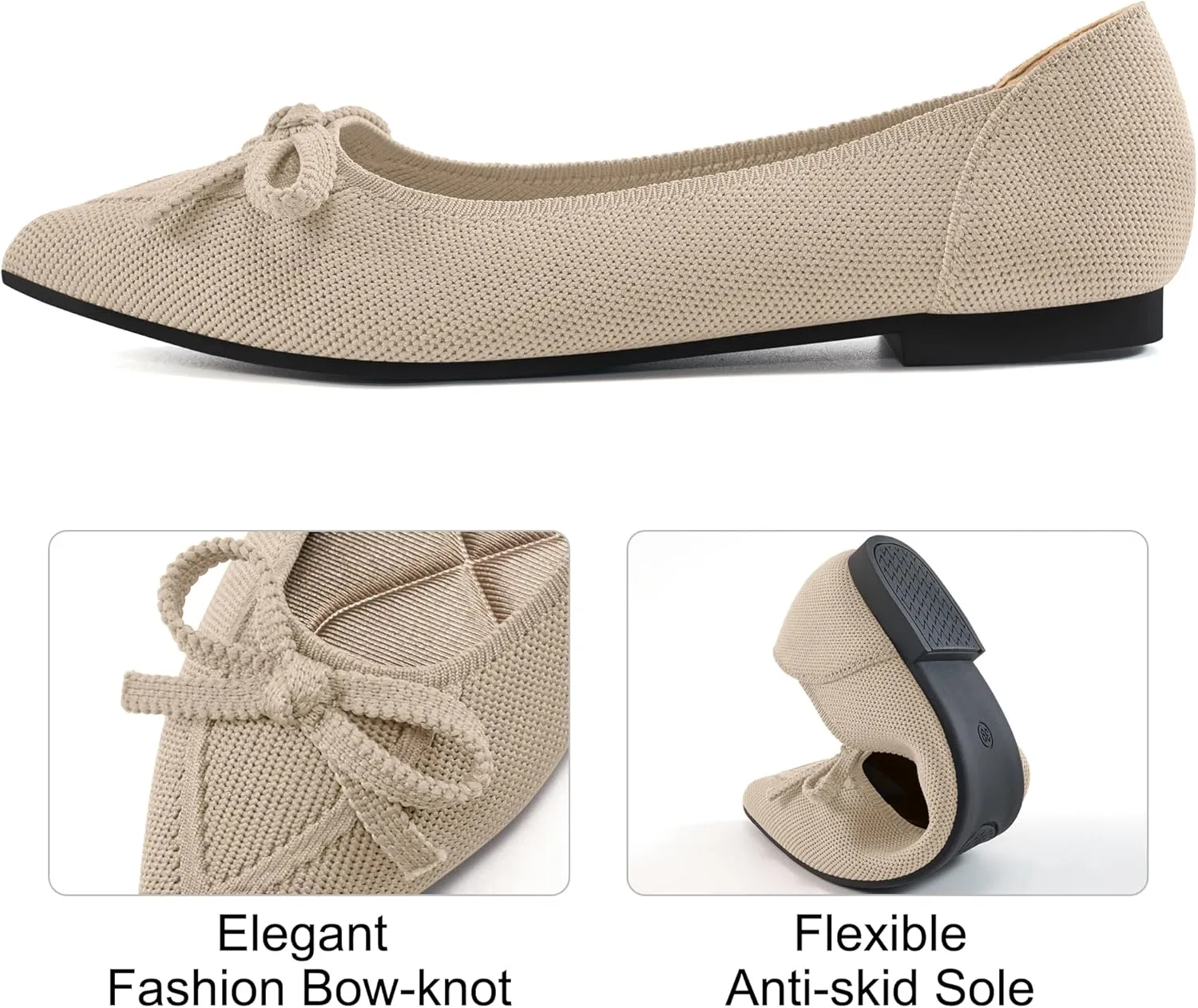 Ablanczoom Ballet Flats Shoes for Women: Dressy Pointed Toe Bow Knit Flats Comfortable Slip On Work Business Shoes for Driving Dating Wedding