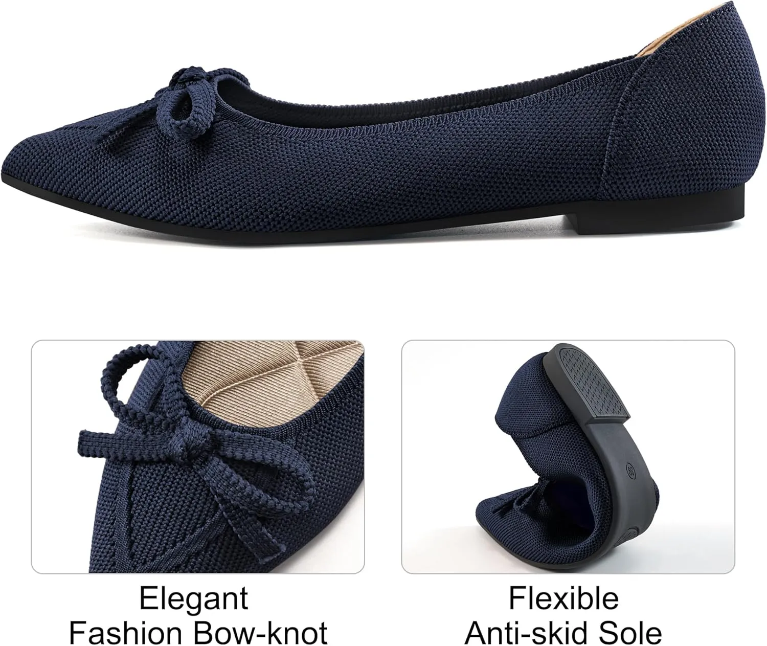 Ablanczoom Ballet Flats Shoes for Women: Dressy Pointed Toe Bow Knit Flats Comfortable Slip On Work Business Shoes for Driving Dating Wedding