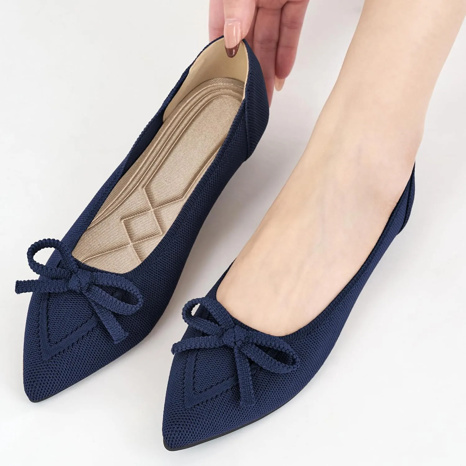 Ablanczoom Ballet Flats Shoes for Women: Dressy Pointed Toe Bow Knit Flats Comfortable Slip On Work Business Shoes for Driving Dating Wedding