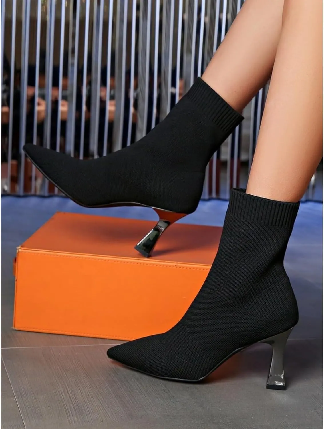 Aflngle Women's Fashion Ankle Boots Sexy Pointed Toe Stiletto High Heels Boots Elastic Knitted Fabric Short Long Sock Heels Comfy Mid Calf Booties