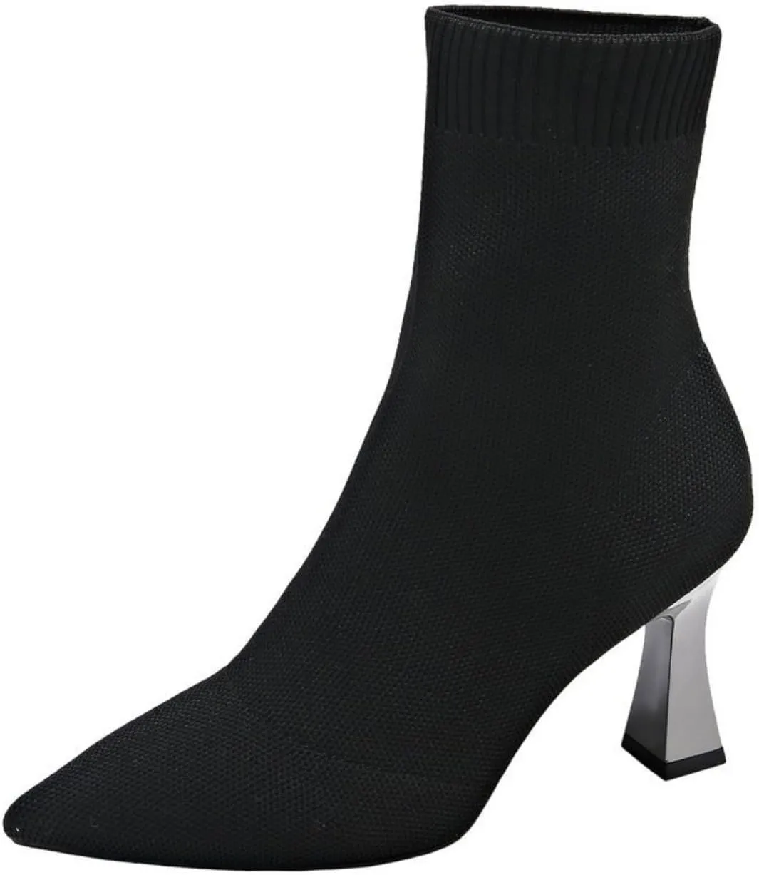 Aflngle Women's Fashion Ankle Boots Sexy Pointed Toe Stiletto High Heels Boots Elastic Knitted Fabric Short Long Sock Heels Comfy Mid Calf Booties
