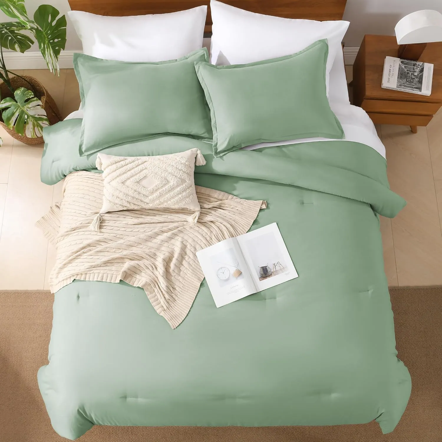 Andency Sage Green King Size Comforter Set - 7 Pieces Bed in a Bag King Bedding Comforter Sets, Summer Solid Soft Lightweight Comforter with Fitted Sheets, Flat Sheets, Pillowcases & Shams