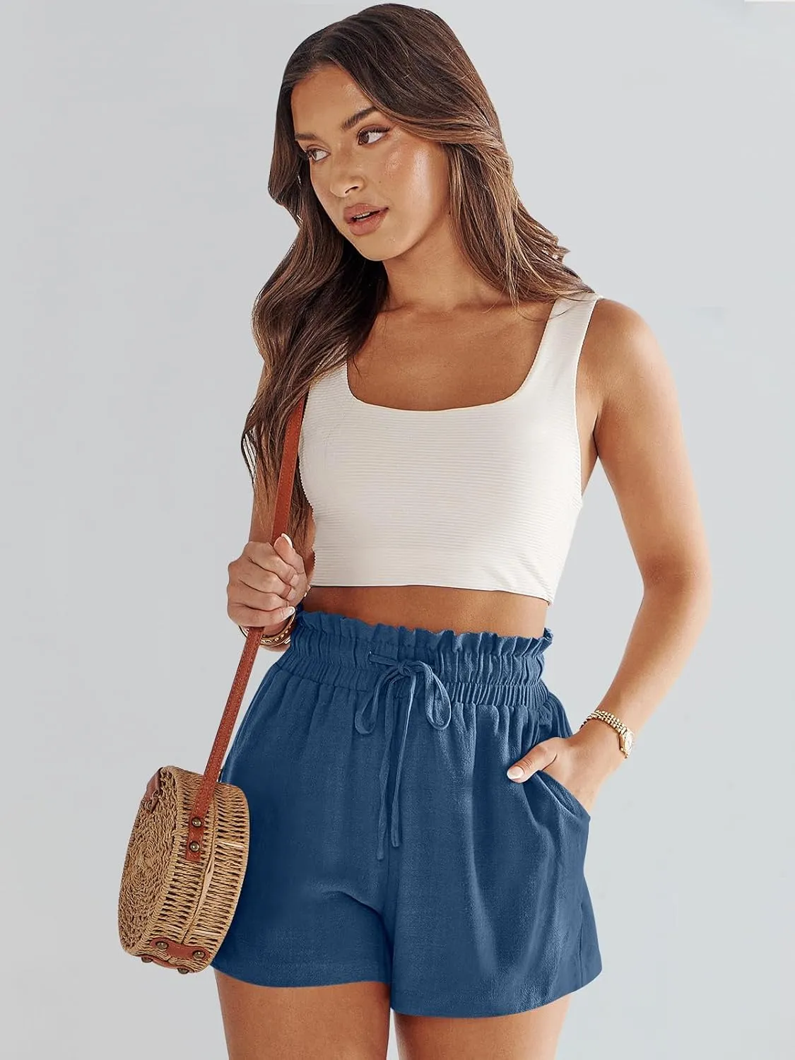 ANRABESS Linen Shorts for Women Summer Casual Wide Leg Loose High Waist Drawstring Dressy Beach Shorts 2025 Comfy Clothes