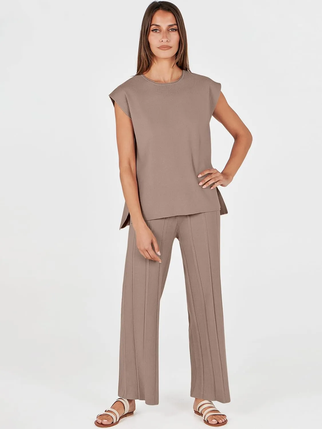 ANRABESS Women 2 Piece Lounge Sets Summer Casual Knit Sweater Vest Pant Set Beach Vacation Airport Outfits Clothes