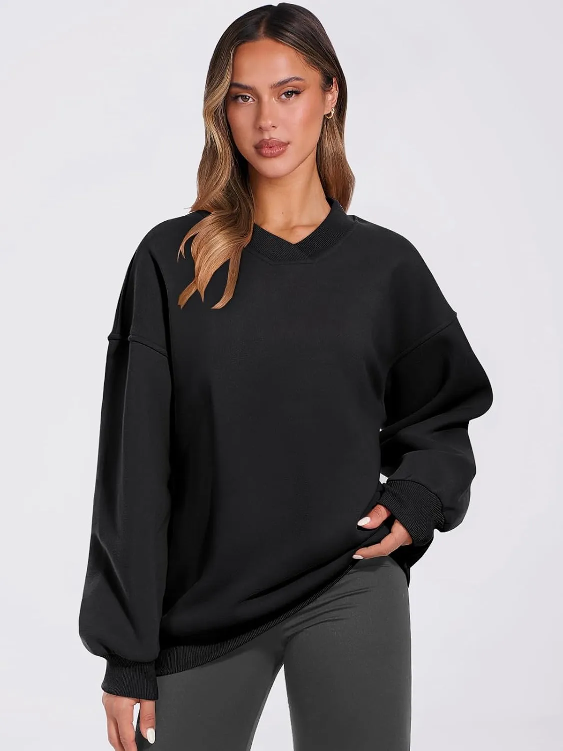 ANRABESS Womens Oversized V Neck Sweatshirt Fleece Long Sleeve Hoodies Pullover Comfy Top Outfits 2024 Teen Preppy Clothes