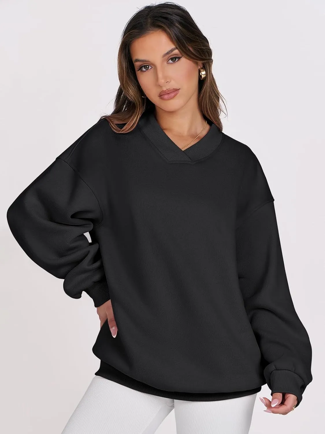 ANRABESS Womens Oversized V Neck Sweatshirt Fleece Long Sleeve Hoodies Pullover Comfy Top Outfits 2024 Teen Preppy Clothes