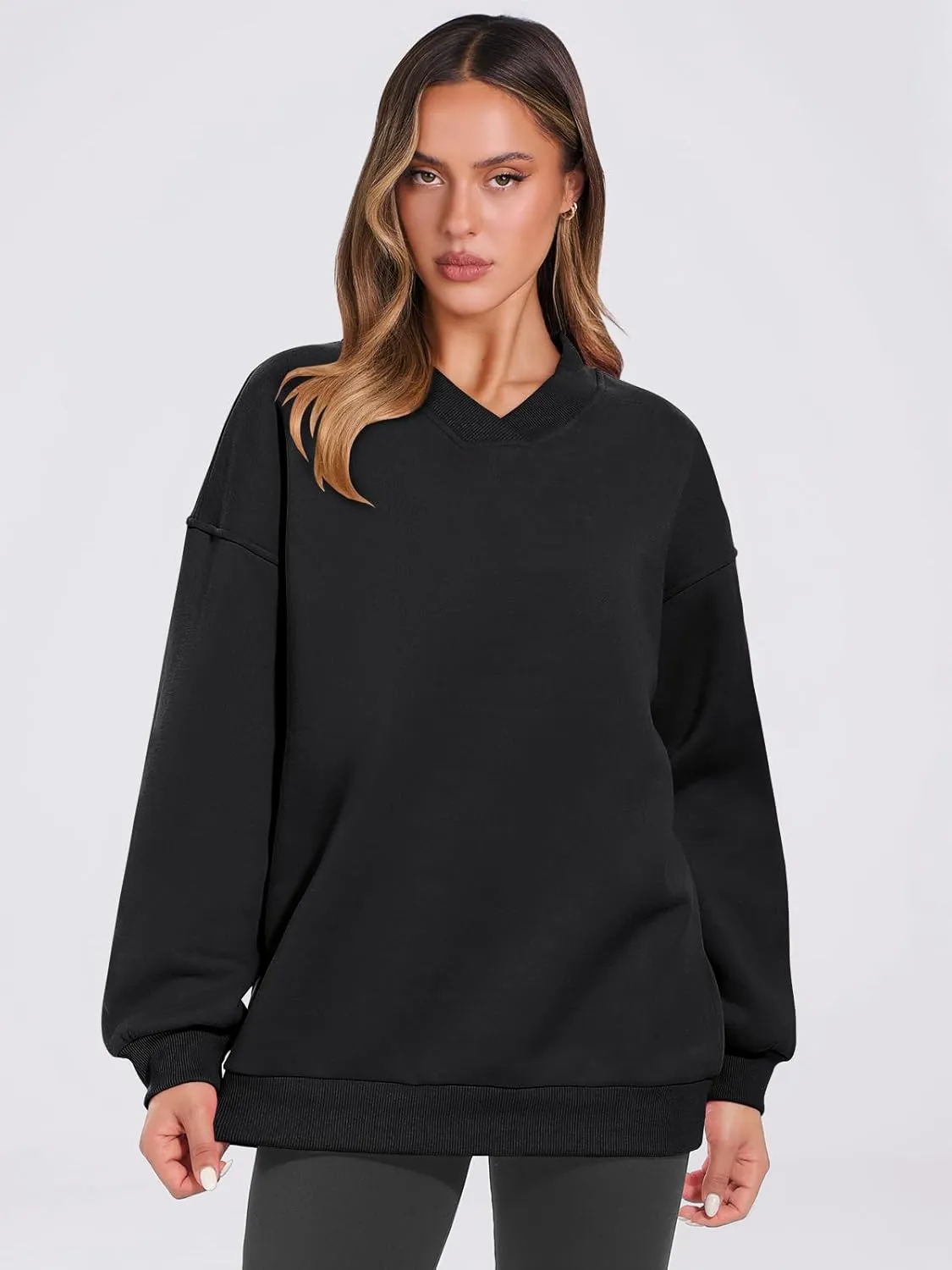 ANRABESS Womens Oversized V Neck Sweatshirt Fleece Long Sleeve Hoodies Pullover Comfy Top Outfits 2024 Teen Preppy Clothes