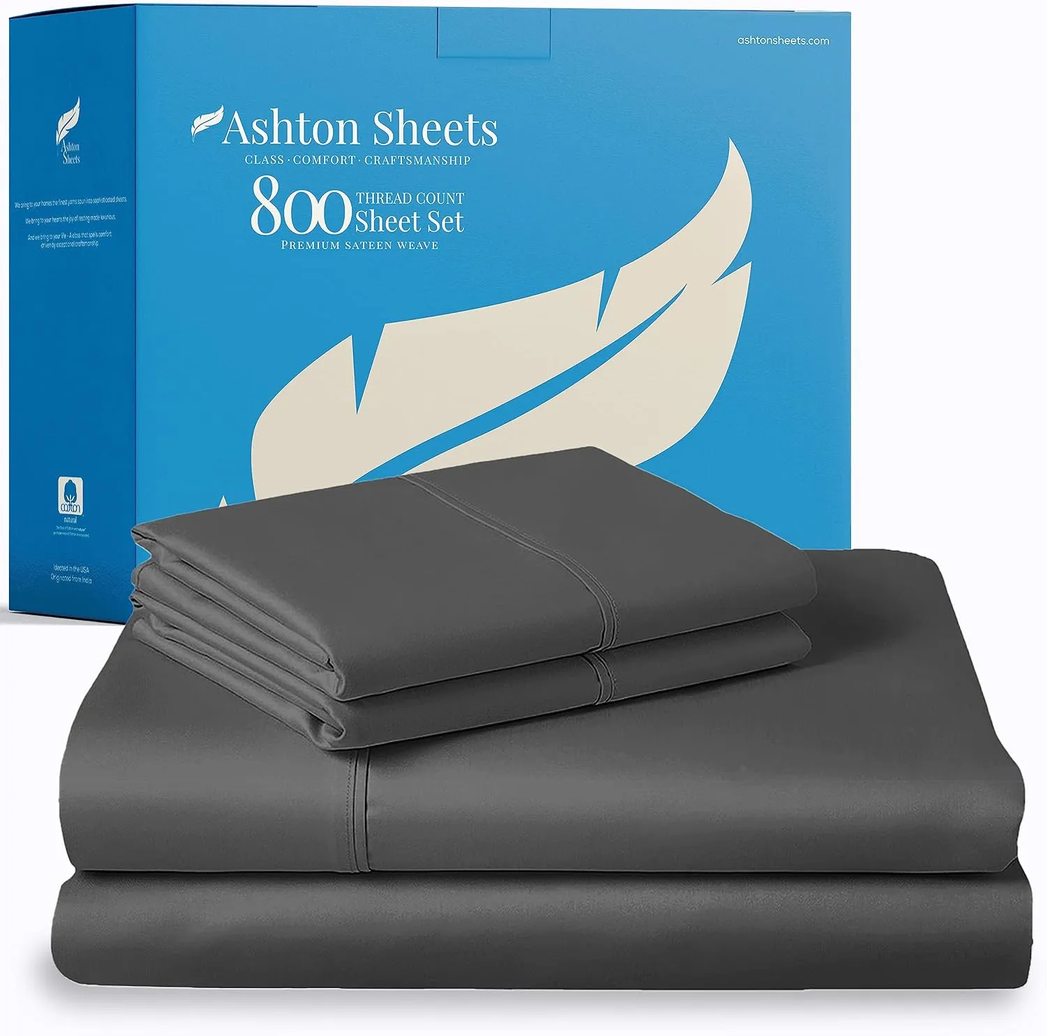 Ashton Sheets 100% Egyptian Cotton Sheets Queen Size - 800 Thread Count 4 PC Queen Sheet Set Egyptian Cotton, Sateen Luxury Sheets Queen Size, High Thread Count Sheets, 16" Deep Pocket - Dark Grey