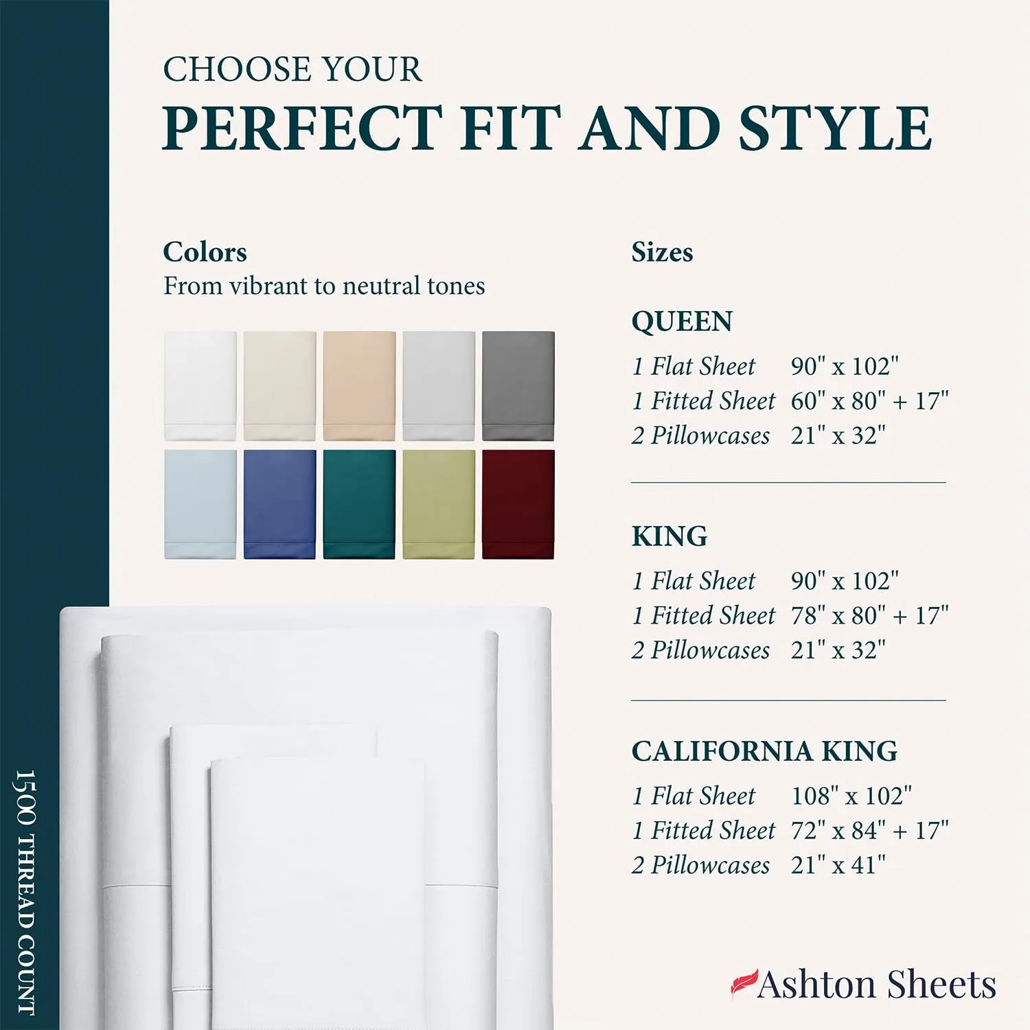 Ashton Sheets 100% Egyptian Cotton Sheets Queen Size Bed Set - Luxury 1500 High Thread Count Egyptian Cotton Queen Sheet Set (4 PC, White), 17" Deep Pocket, Silky Soft, Cooling, Sateen Bedding