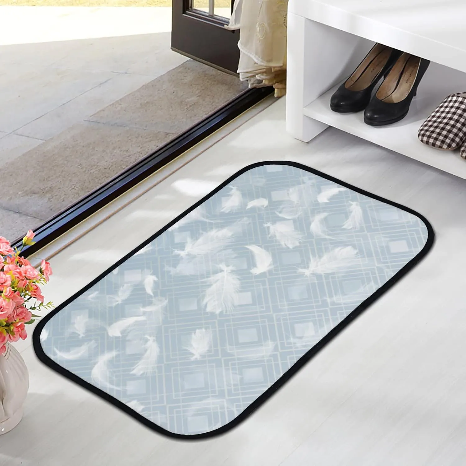 Bath Mat Area Rugs Non-Slip White Feathers Flight Water Absorbent Coral Velvet Carpet Machine Washable 36X24 Inch