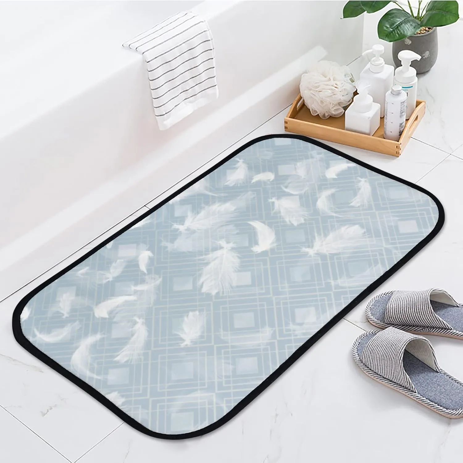 Bath Mat Area Rugs Non-Slip White Feathers Flight Water Absorbent Coral Velvet Carpet Machine Washable 36X24 Inch