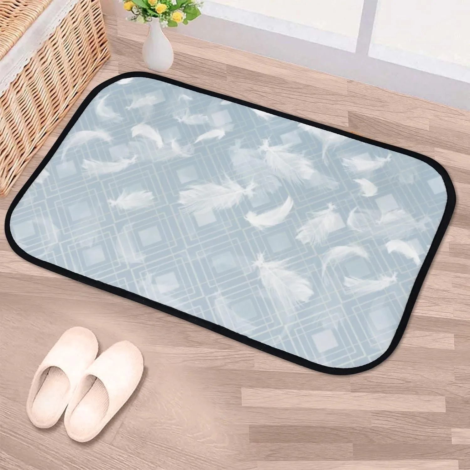 Bath Mat Area Rugs Non-Slip White Feathers Flight Water Absorbent Coral Velvet Carpet Machine Washable 36X24 Inch