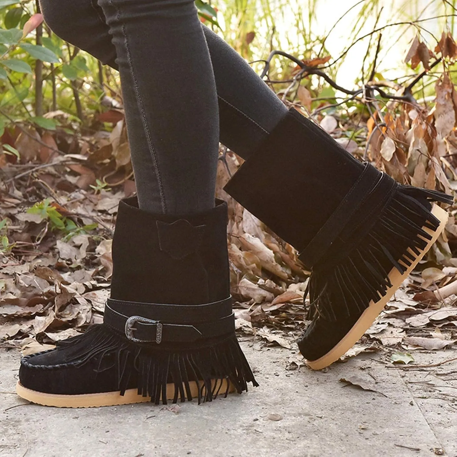 Bcshiye Tassel Boots for Women Moccasin Suede Ankle Booties Winter Round Toe Vintage Buckle Strap Mid-Calf Flat Shoes