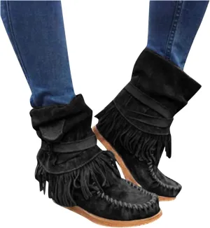 Bcshiye Tassel Boots for Women Moccasin Suede Ankle Booties Winter Round Toe Vintage Buckle Strap Mid-Calf Flat Shoes