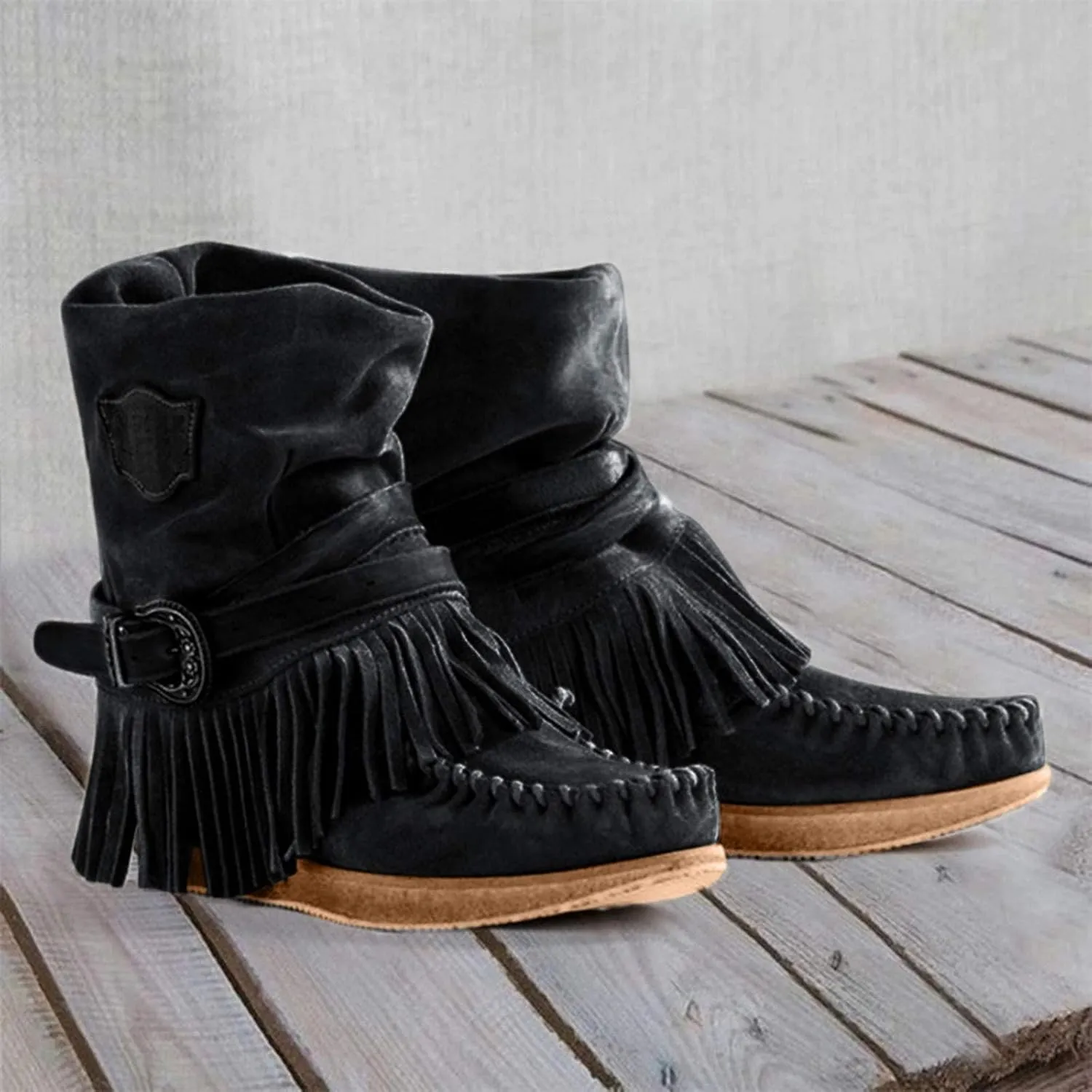Bcshiye Tassel Boots for Women Moccasin Suede Ankle Booties Winter Round Toe Vintage Buckle Strap Mid-Calf Flat Shoes