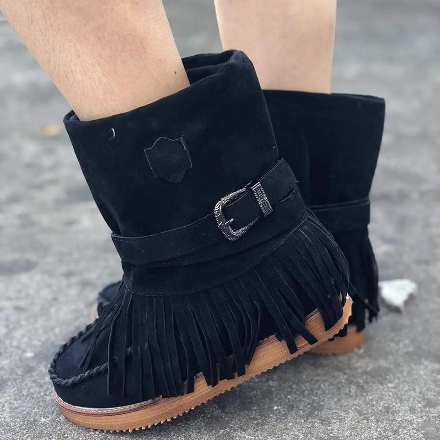 Bcshiye Tassel Boots for Women Moccasin Suede Ankle Booties Winter Round Toe Vintage Buckle Strap Mid-Calf Flat Shoes