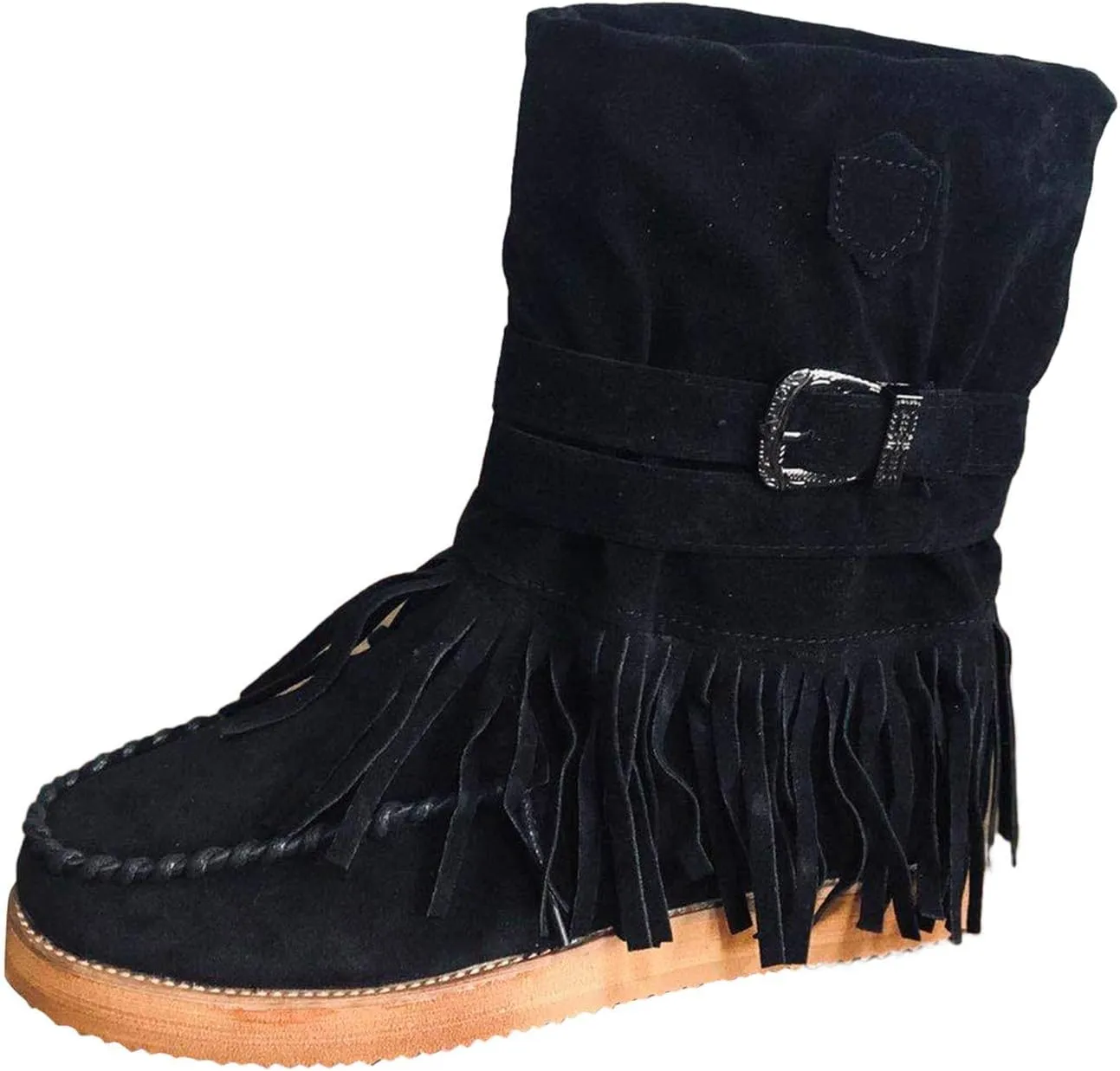 Bcshiye Tassel Boots for Women Moccasin Suede Ankle Booties Winter Round Toe Vintage Buckle Strap Mid-Calf Flat Shoes