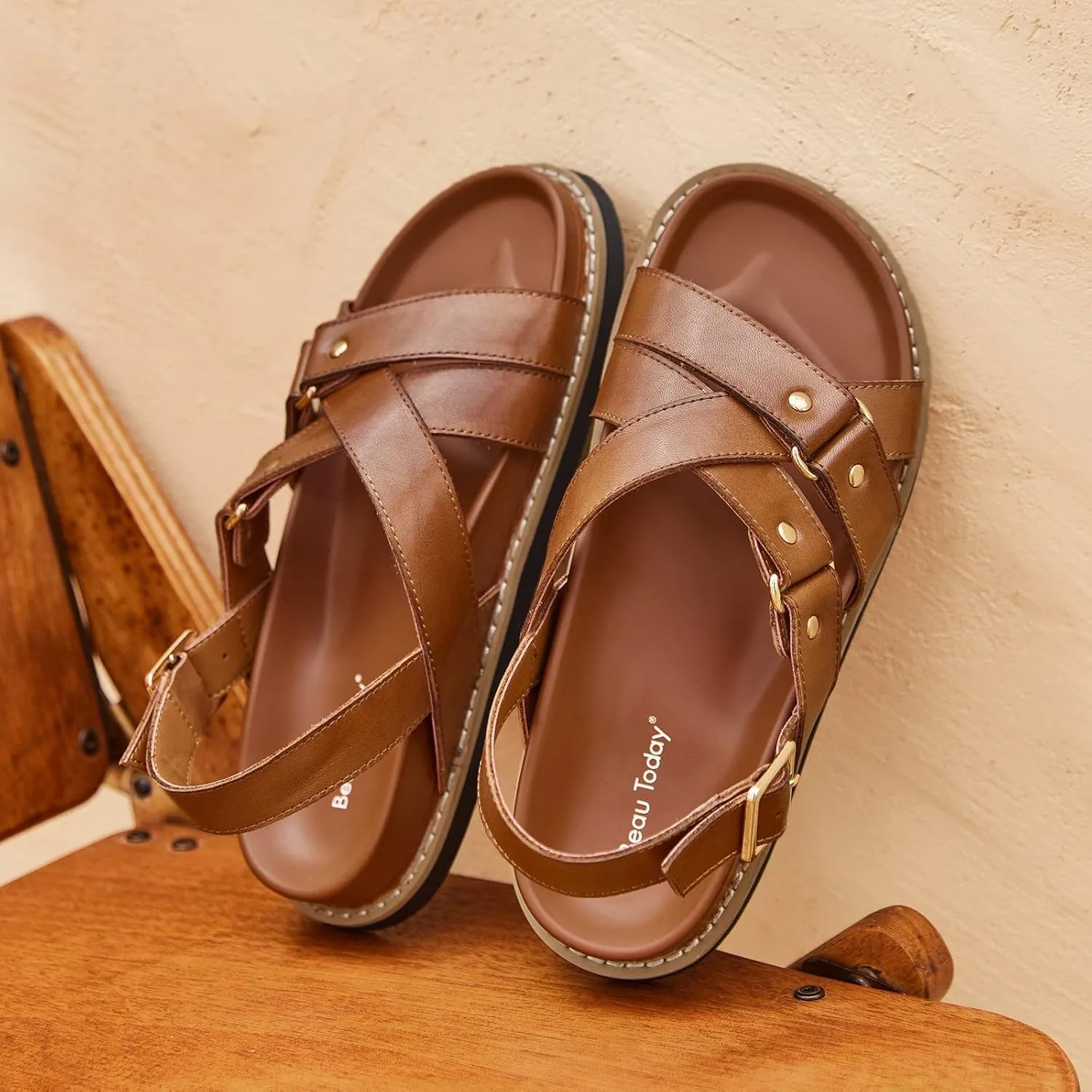 BEAU TODAY Flat Sandals for Women, Fashion Strappy Sandal Comfortable Arch Support Open Toe Beach Dressy Leather Summer Low Platform Sandals