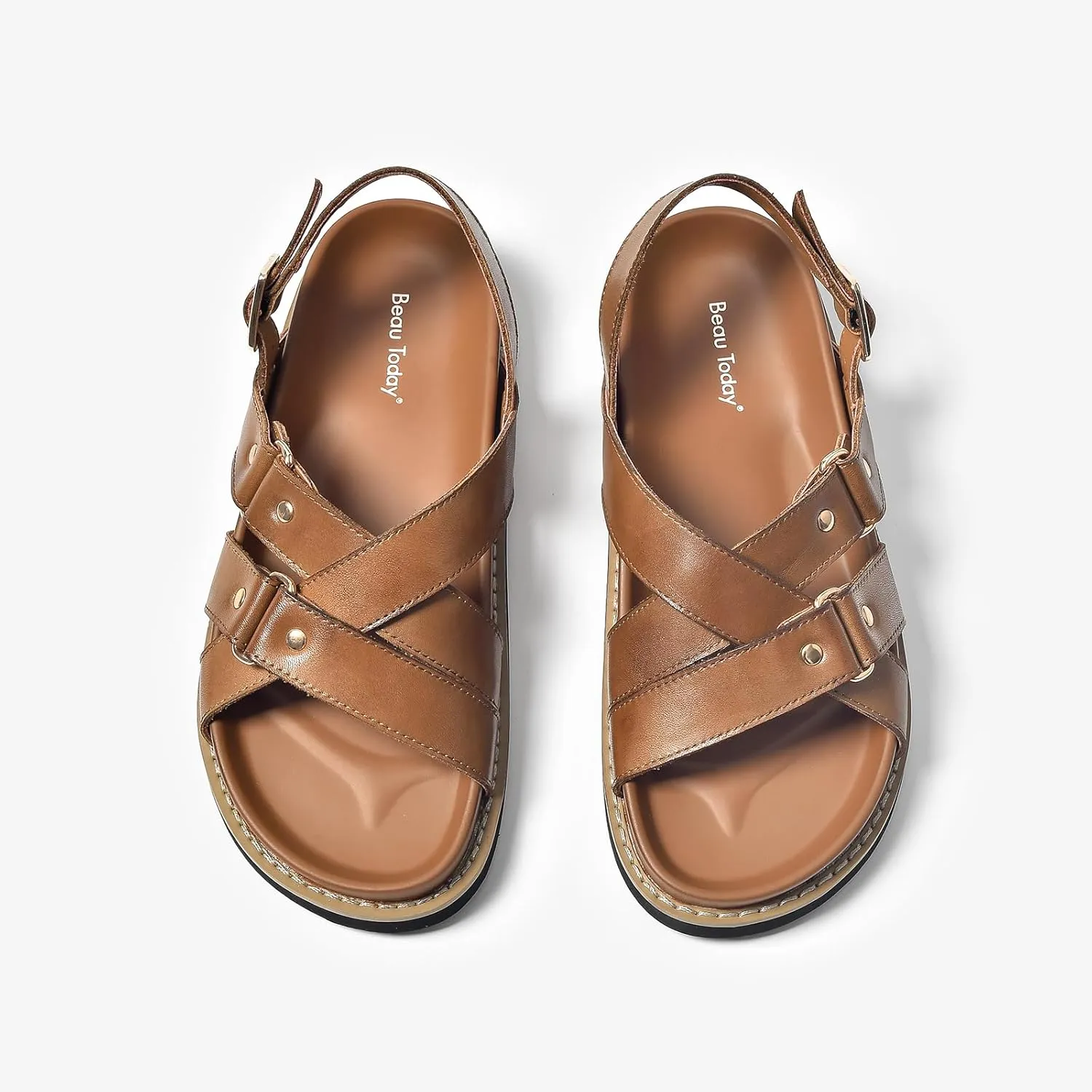 BEAU TODAY Flat Sandals for Women, Fashion Strappy Sandal Comfortable Arch Support Open Toe Beach Dressy Leather Summer Low Platform Sandals