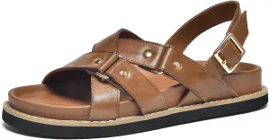 BEAU TODAY Flat Sandals for Women, Fashion Strappy Sandal Comfortable Arch Support Open Toe Beach Dressy Leather Summer Low Platform Sandals