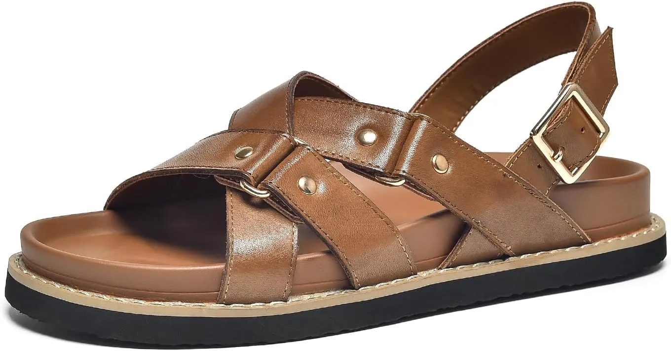 BEAU TODAY Flat Sandals for Women, Fashion Strappy Sandal Comfortable Arch Support Open Toe Beach Dressy Leather Summer Low Platform Sandals
