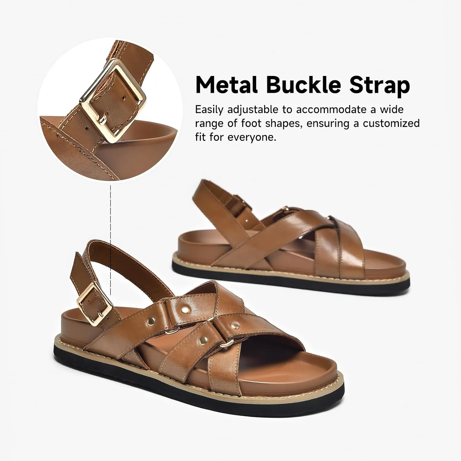BEAU TODAY Flat Sandals for Women, Fashion Strappy Sandal Comfortable Arch Support Open Toe Beach Dressy Leather Summer Low Platform Sandals