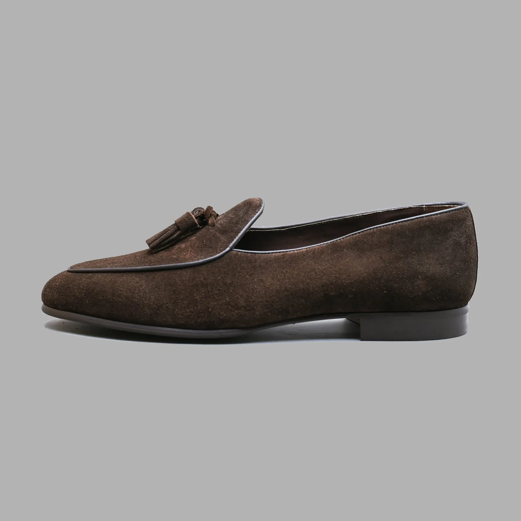 Belgian Tassel Loafer in Dark Brown Suede