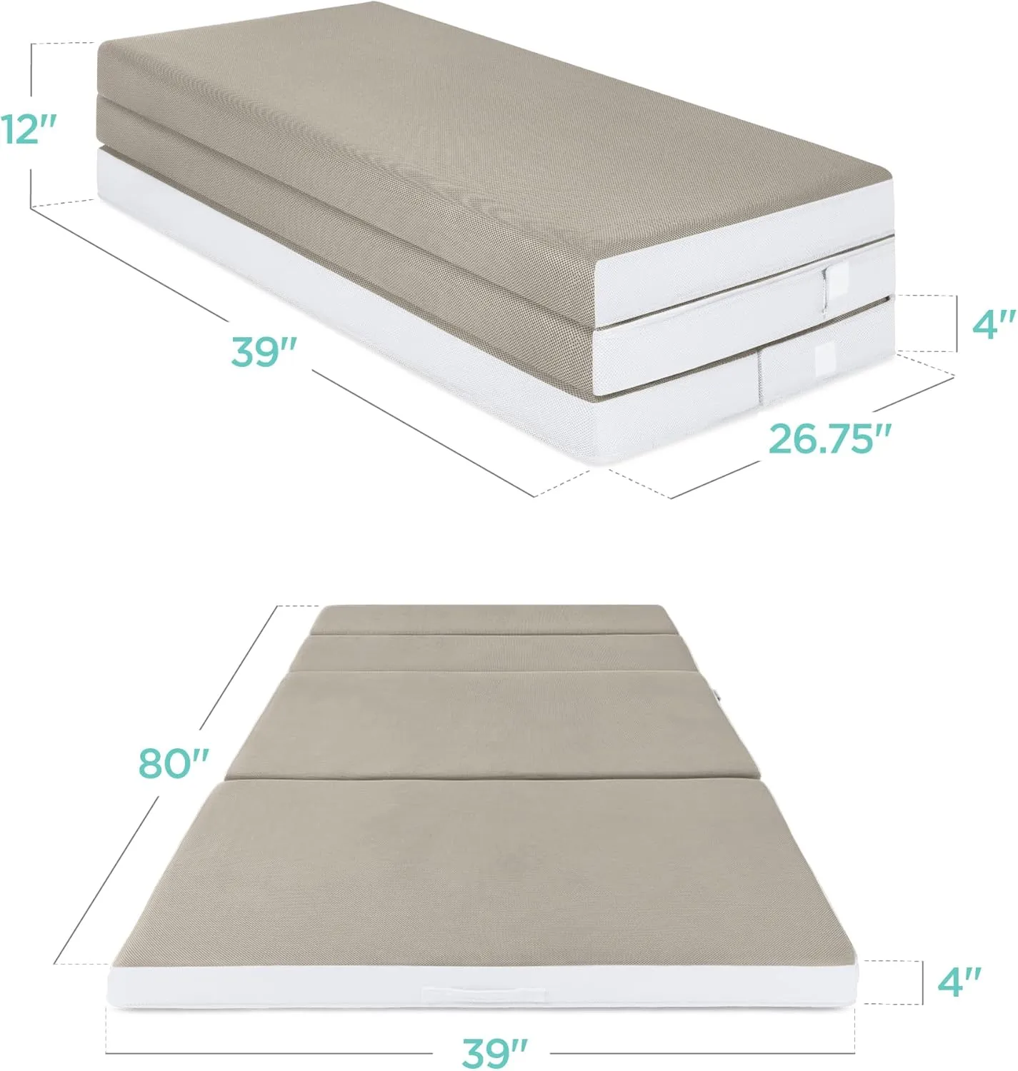 Best Choice Products 4in Portable Twin XL-Size Mattress, Tri-Fold Mattress for Camping, Guest, Toddler, Foam Plush w/Carry Case - Taupe