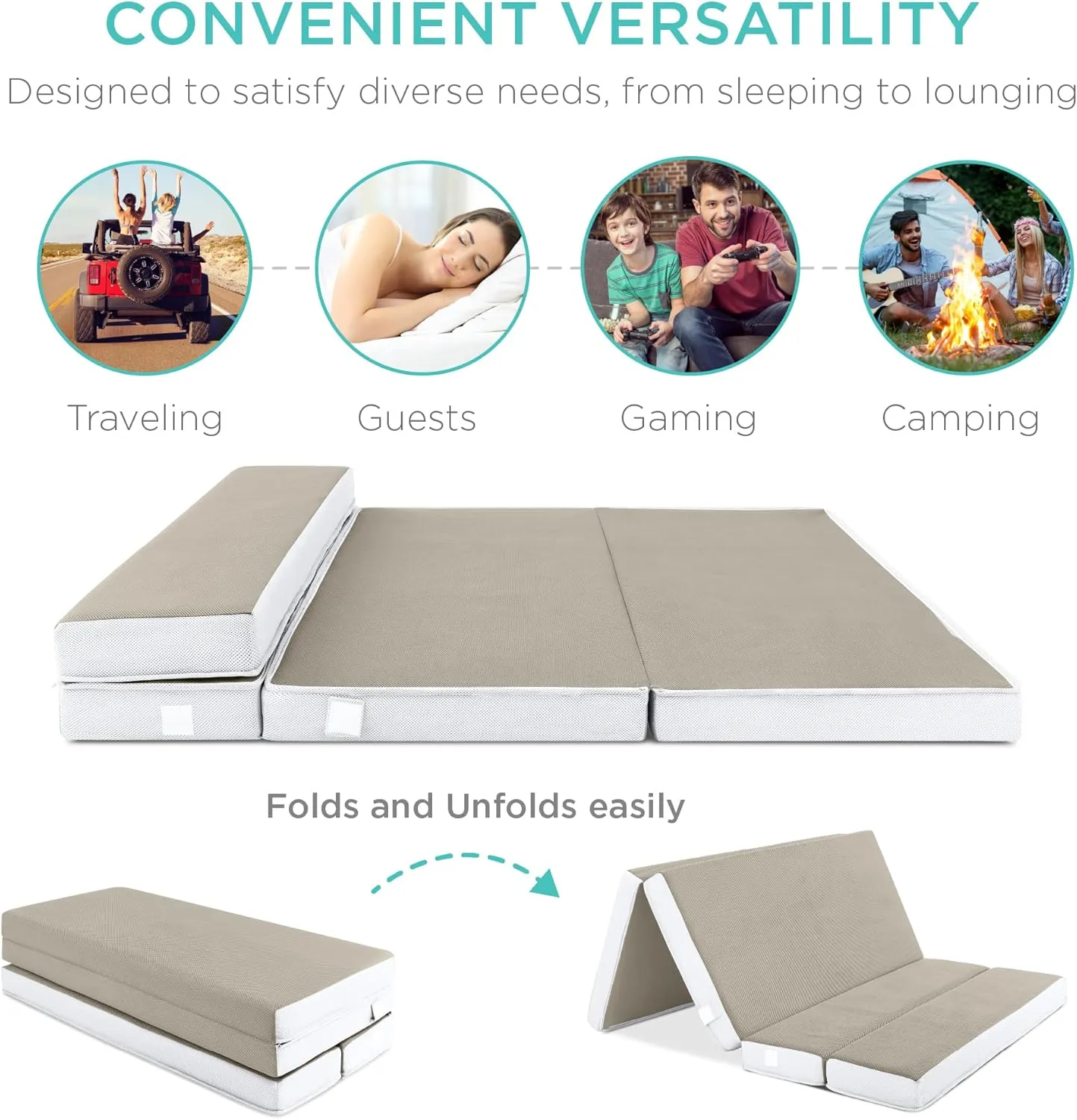 Best Choice Products 4in Portable Twin XL-Size Mattress, Tri-Fold Mattress for Camping, Guest, Toddler, Foam Plush w/Carry Case - Taupe
