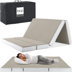 Best Choice Products 4in Portable Twin XL-Size Mattress, Tri-Fold Mattress for Camping, Guest, Toddler, Foam Plush w/Carry Case - Taupe