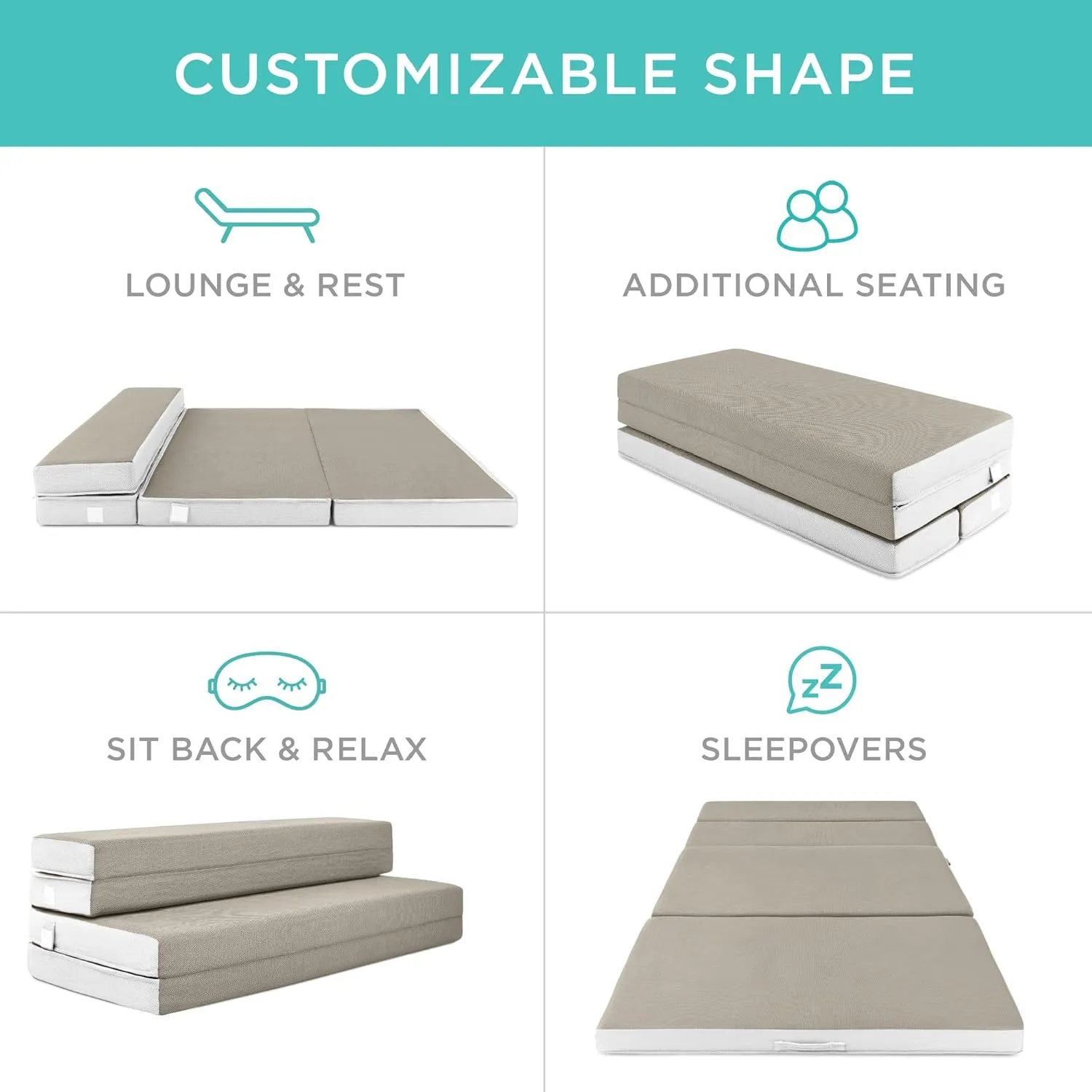 Best Choice Products 4in Portable Twin XL-Size Mattress, Tri-Fold Mattress for Camping, Guest, Toddler, Foam Plush w/Carry Case - Taupe