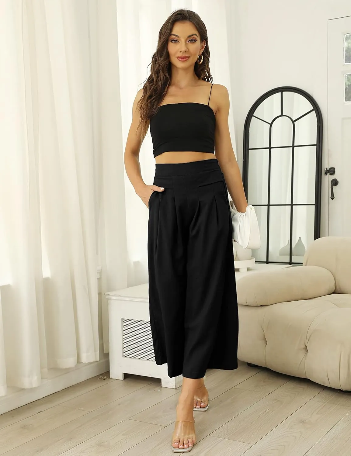 Bianstore Women's Culottes Linen Cropped Wide Leg Pants Elastic Waist Casual Palazzo Trousers with Pockets