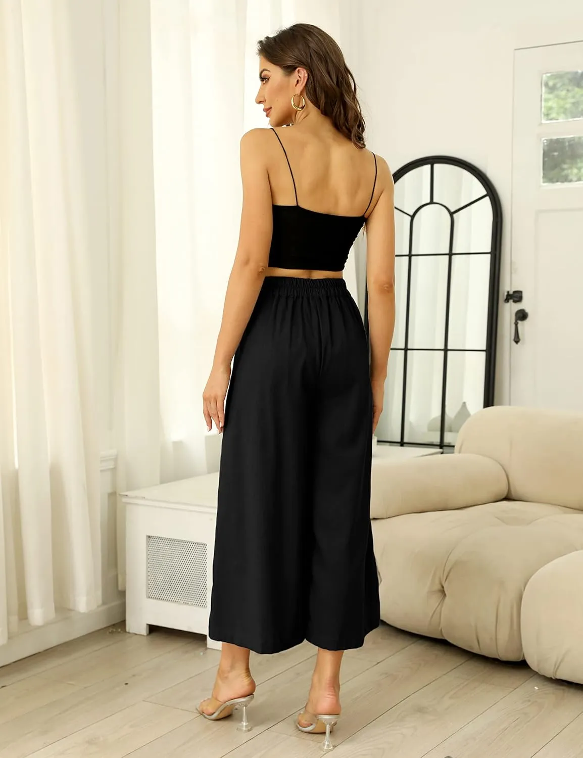 Bianstore Women's Culottes Linen Cropped Wide Leg Pants Elastic Waist Casual Palazzo Trousers with Pockets