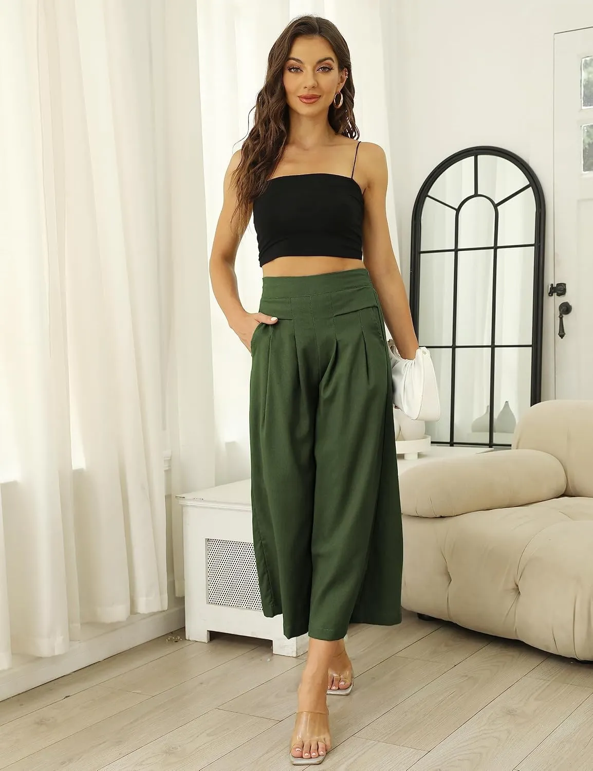 Bianstore Women's Culottes Linen Cropped Wide Leg Pants Elastic Waist Casual Palazzo Trousers with Pockets