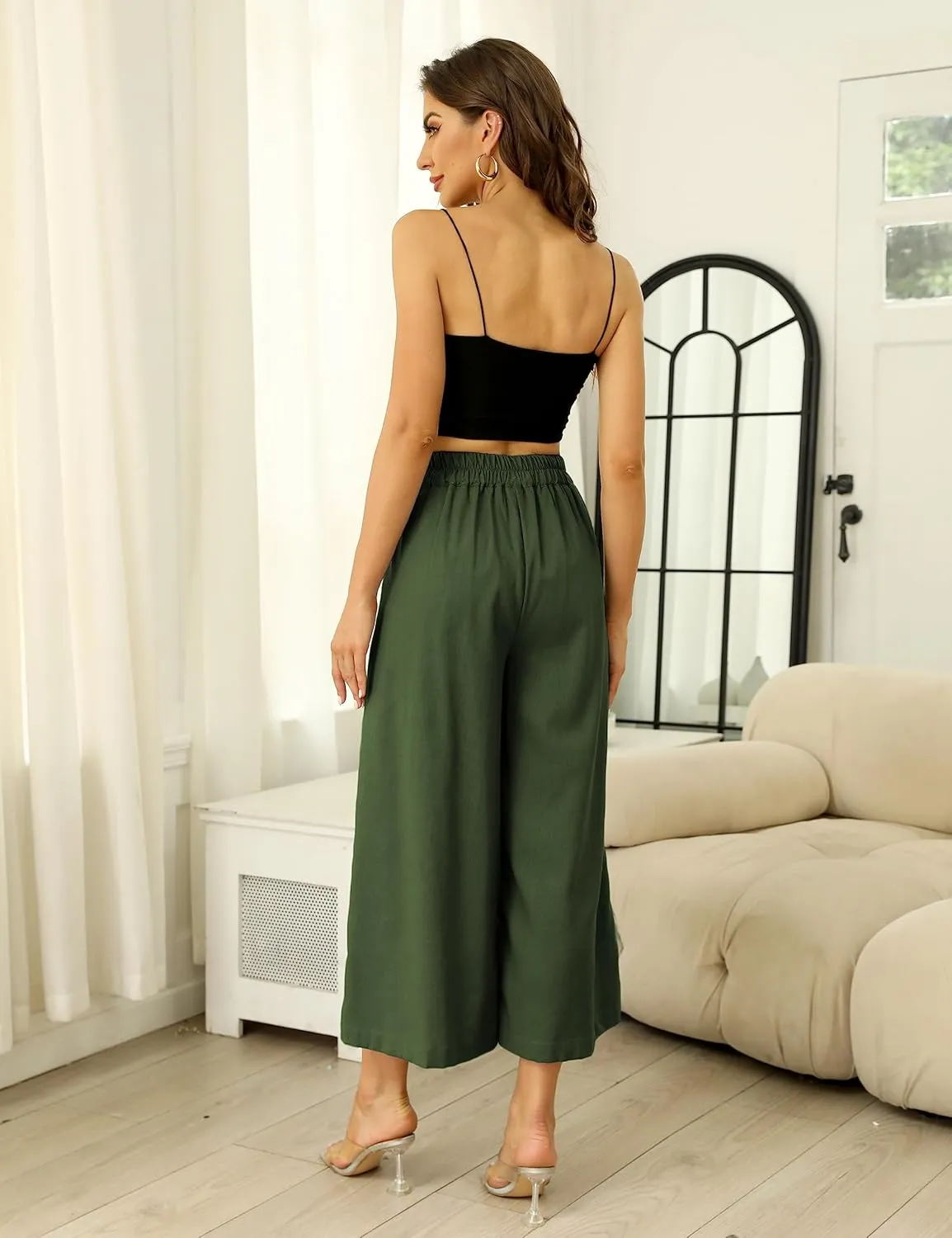 Bianstore Women's Culottes Linen Cropped Wide Leg Pants Elastic Waist Casual Palazzo Trousers with Pockets