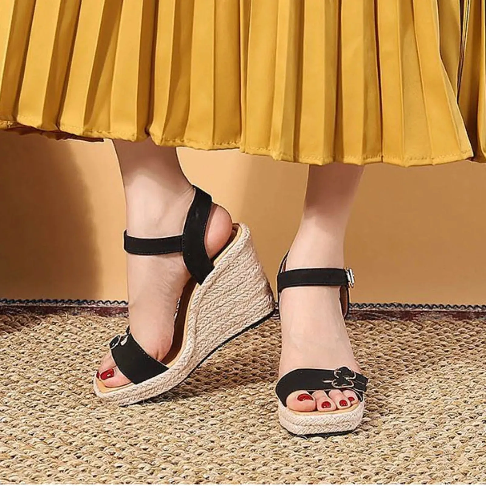 Black Strappy Wedge Heel Sandal