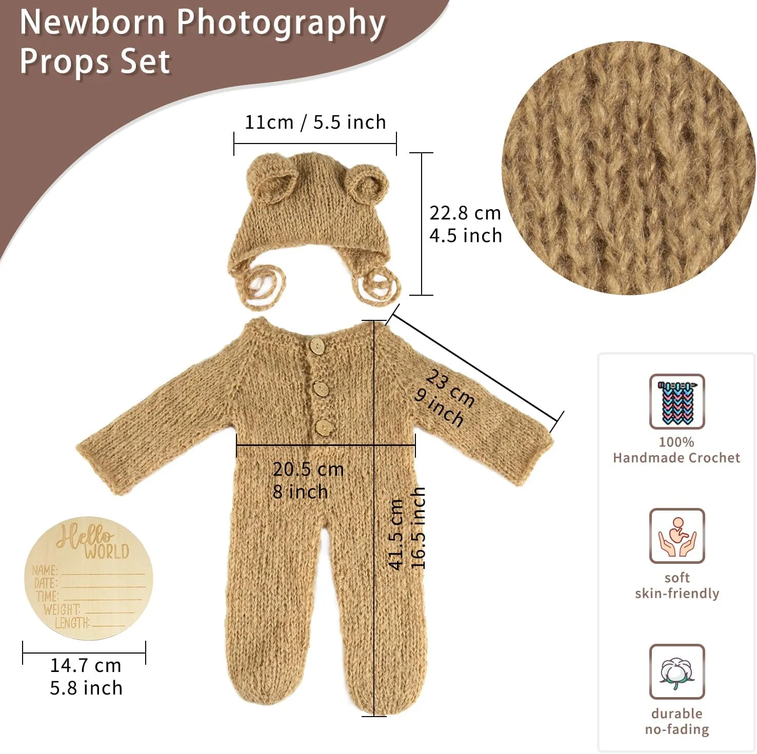 BLUETOP Baby Boy Costume Newborn Outfits, Newborn Photography Outfits Boy Girl with Bonnet, Hand-Knitted Teddy Bear Costume with Baby Announcement Sign