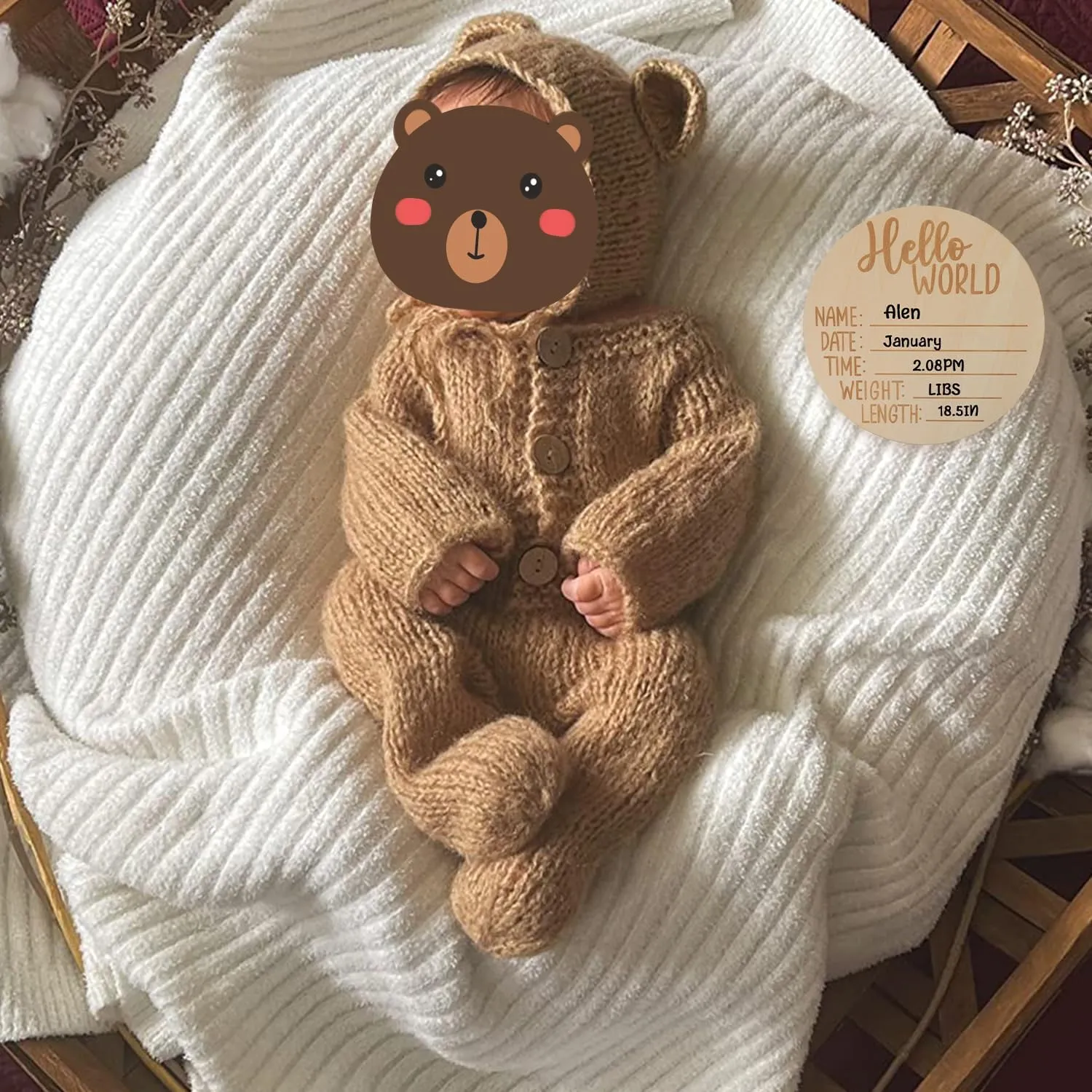 BLUETOP Baby Boy Costume Newborn Outfits, Newborn Photography Outfits Boy Girl with Bonnet, Hand-Knitted Teddy Bear Costume with Baby Announcement Sign