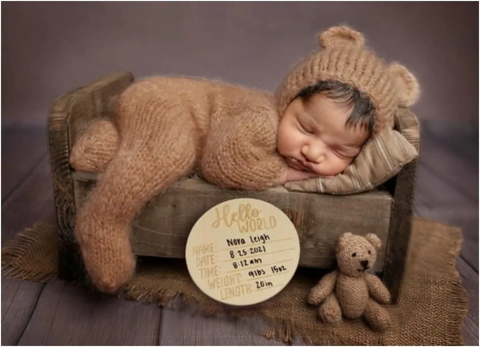 BLUETOP Baby Boy Costume Newborn Outfits, Newborn Photography Outfits Boy Girl with Bonnet, Hand-Knitted Teddy Bear Costume with Baby Announcement Sign