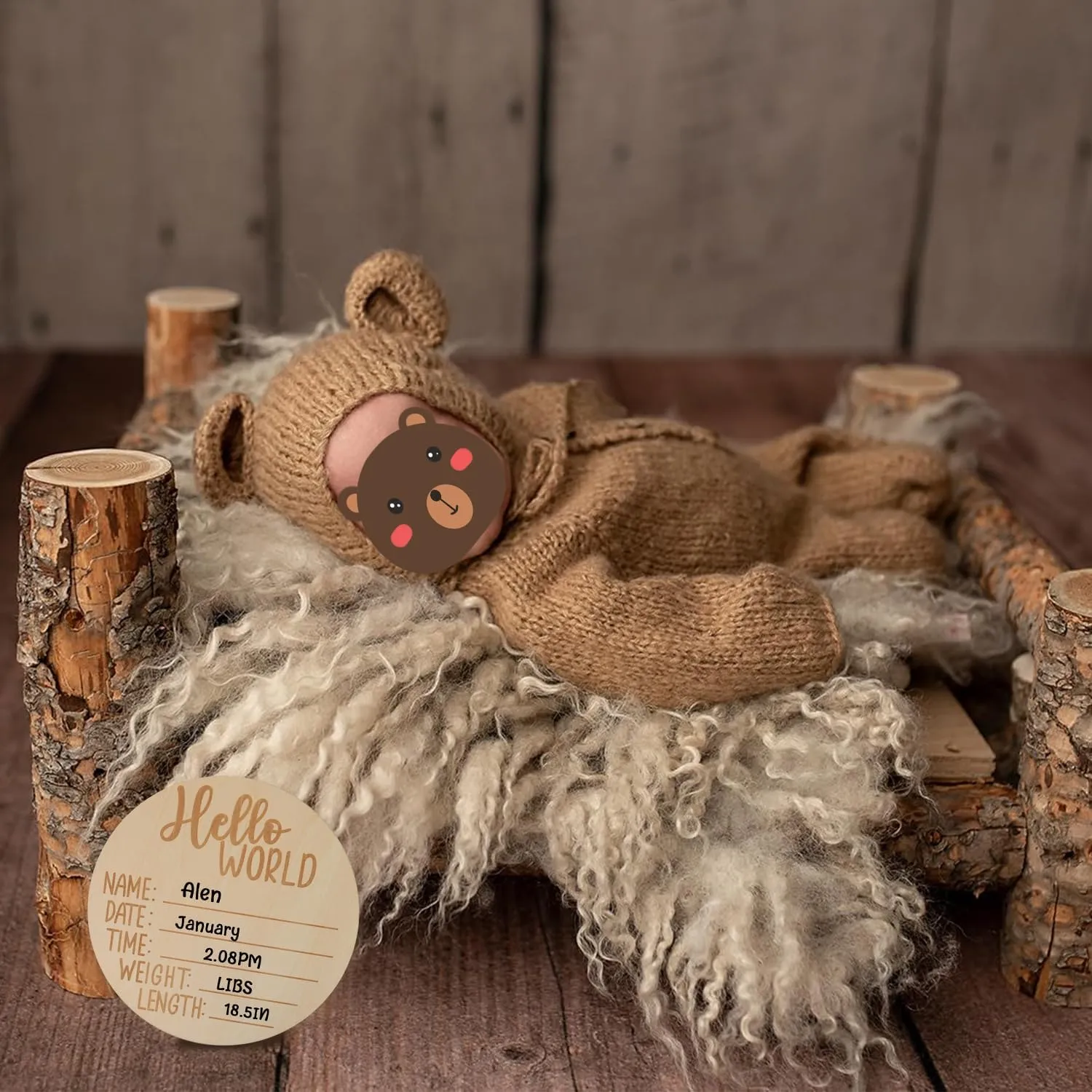 BLUETOP Baby Boy Costume Newborn Outfits, Newborn Photography Outfits Boy Girl with Bonnet, Hand-Knitted Teddy Bear Costume with Baby Announcement Sign