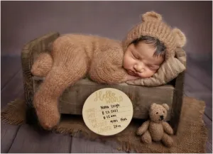 BLUETOP Baby Boy Costume Newborn Outfits, Newborn Photography Outfits Boy Girl with Bonnet, Hand-Knitted Teddy Bear Costume with Baby Announcement Sign