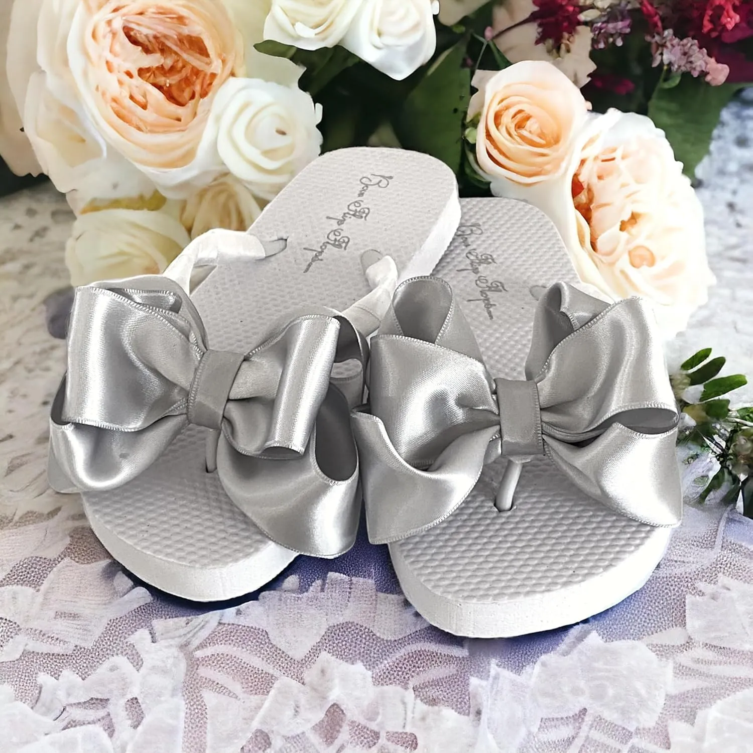 Bow Flip Flops Black Satin, Flat Sandals for Women