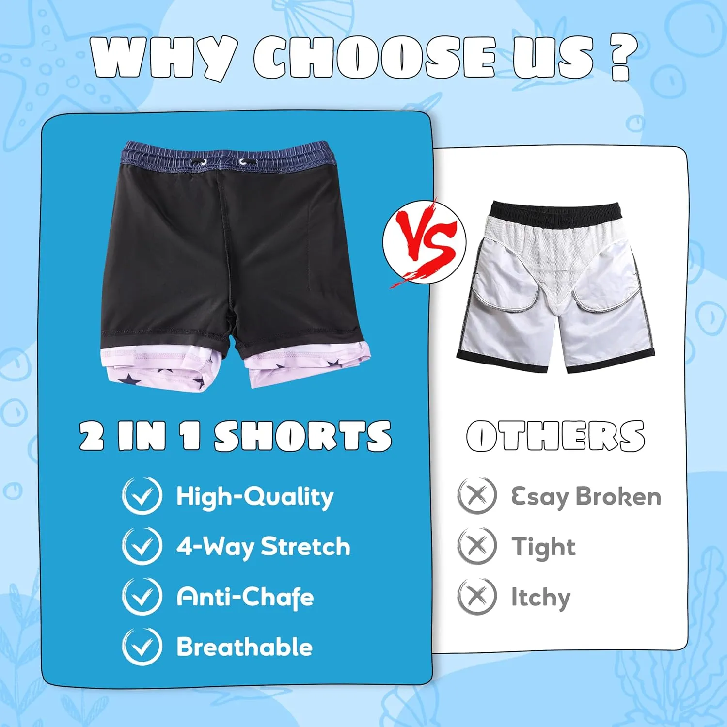 Boys Swim Trunks with Compression Liner Boys Stretch Swim Shorts Quick Dry 2 in 1 Beach Shorts 4-17 Y