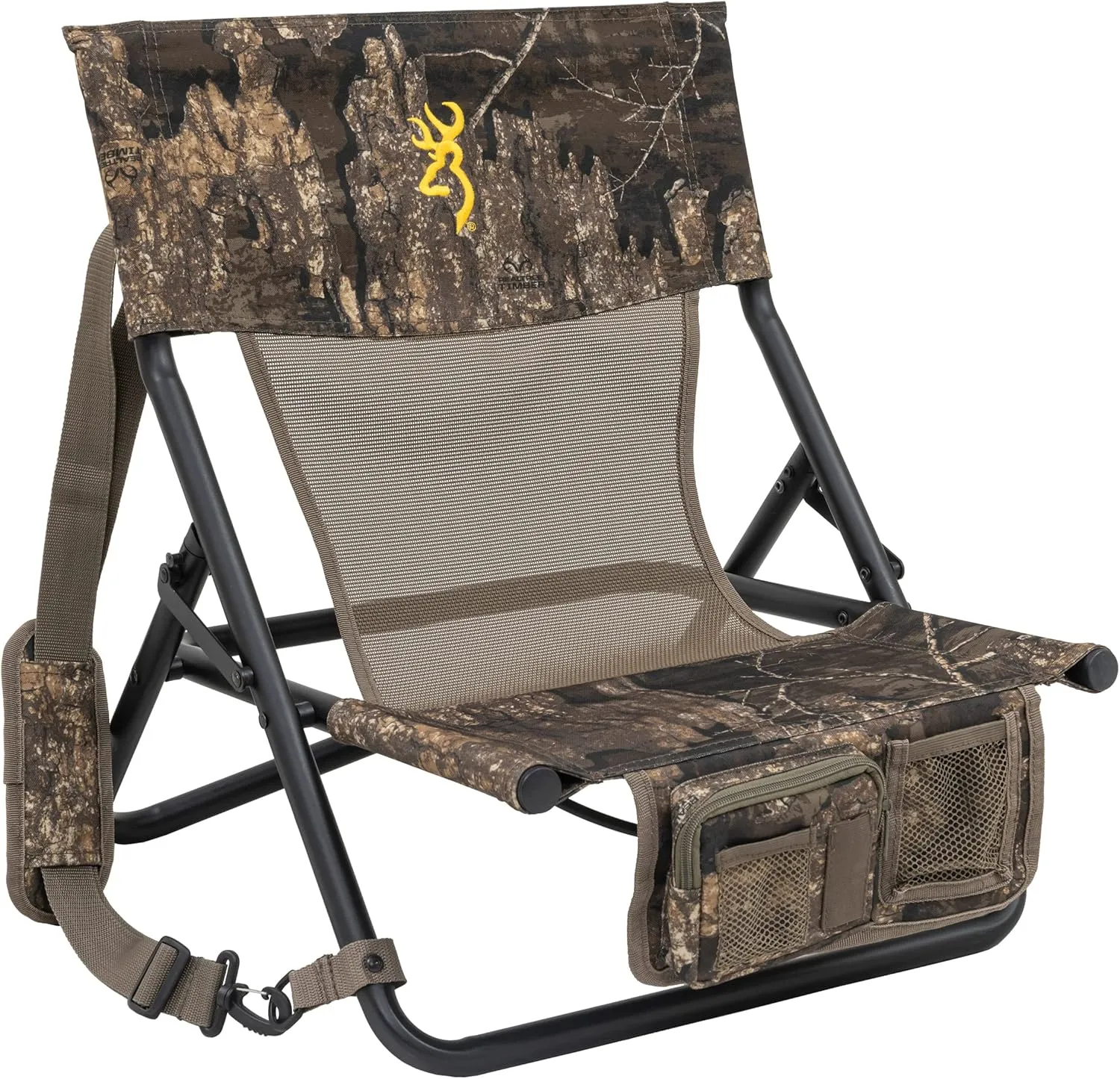 Browning Low-Profile Woodland Hunting Chair with Flat-Folding Design, Durable Steel Frame, Hanging Call Organizer Pocket, and Padded Shoulder Carry Strap