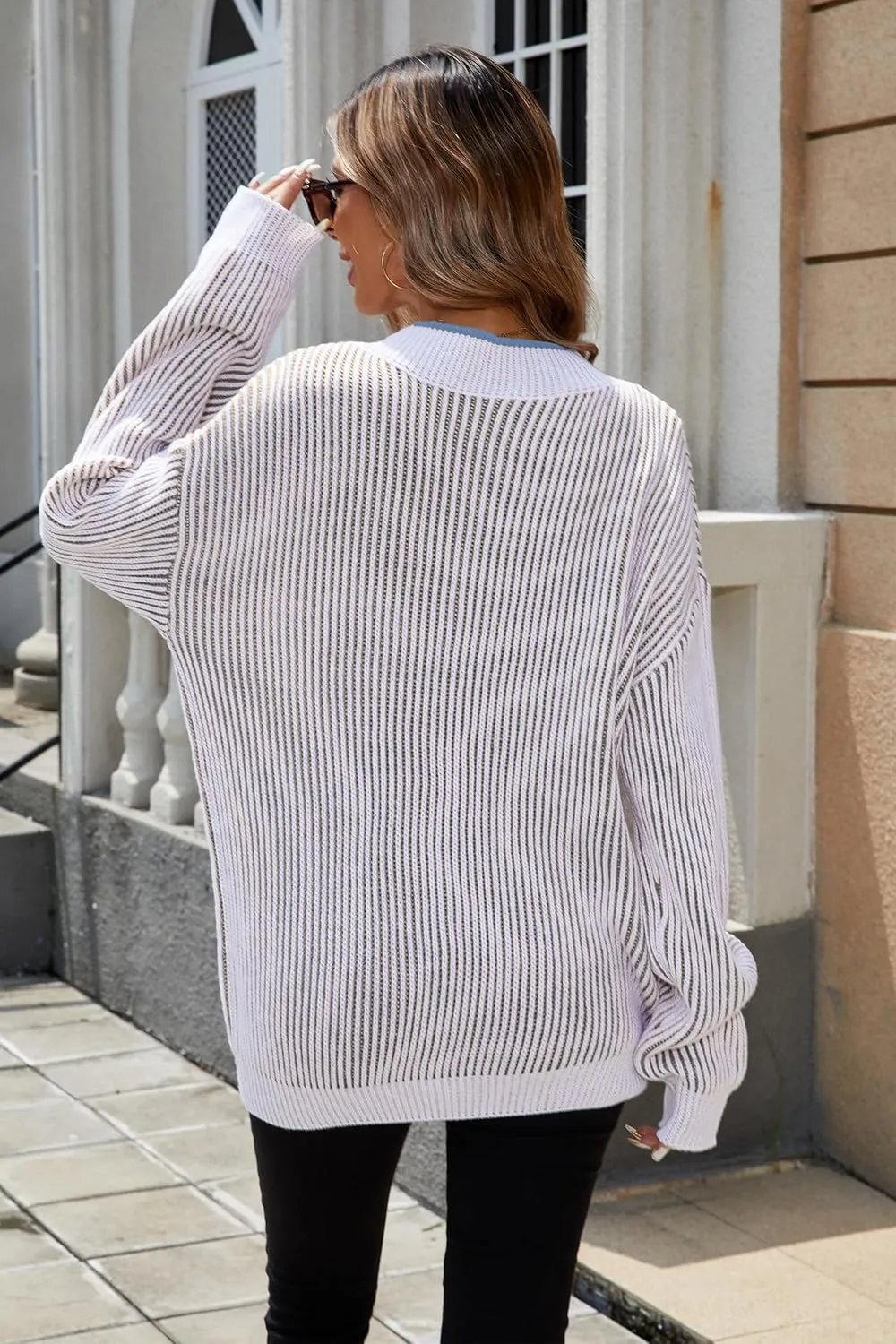Cakulo Womens Fall 2025 Oversized Striped V Neck Sweaters Long Sleeve Knit Color Block Trendy Pullover Sweater Top