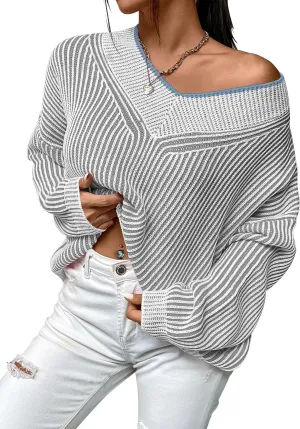 Cakulo Womens Fall 2025 Oversized Striped V Neck Sweaters Long Sleeve Knit Color Block Trendy Pullover Sweater Top