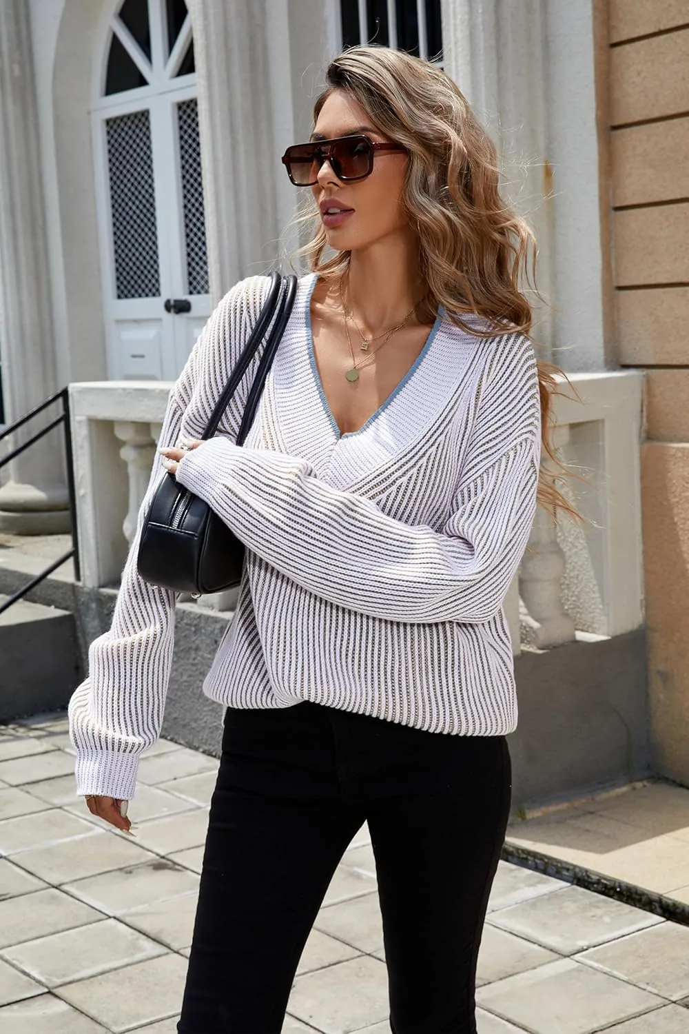 Cakulo Womens Fall 2025 Oversized Striped V Neck Sweaters Long Sleeve Knit Color Block Trendy Pullover Sweater Top