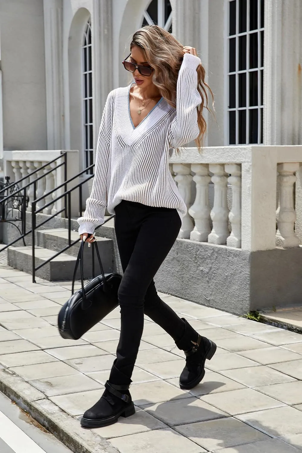 Cakulo Womens Fall 2025 Oversized Striped V Neck Sweaters Long Sleeve Knit Color Block Trendy Pullover Sweater Top