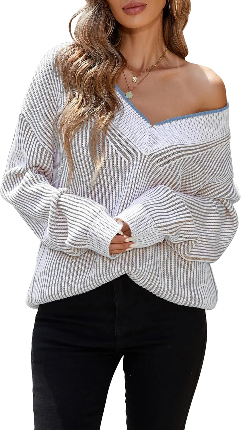 Cakulo Womens Fall 2025 Oversized Striped V Neck Sweaters Long Sleeve Knit Color Block Trendy Pullover Sweater Top